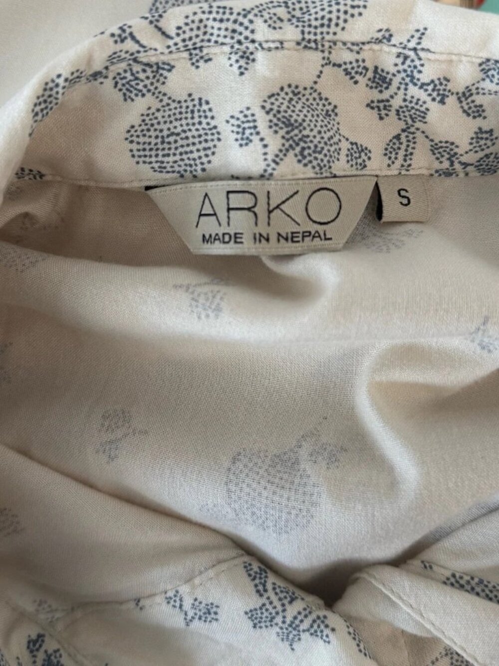 ARKO Size S Ivory Blue Floral Button Front Shirt Dress Boho Rayon Tunic - Picture 4 of 6